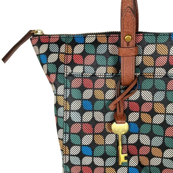 Fossil "Rachel" Large Tote Bag, PVC Outer Multicolor Pattern Key Charm Pockets - Picture 4 of 11